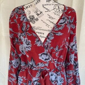 Elegant Floral Wrap Dress in Red and Gray